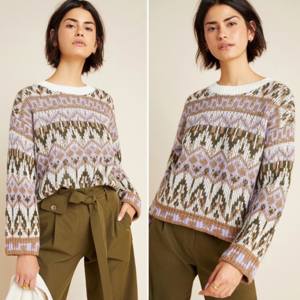 Anthropologie Fabiana Alpaca Wool Blend Fair Isle Knit Cropped Length Sweater